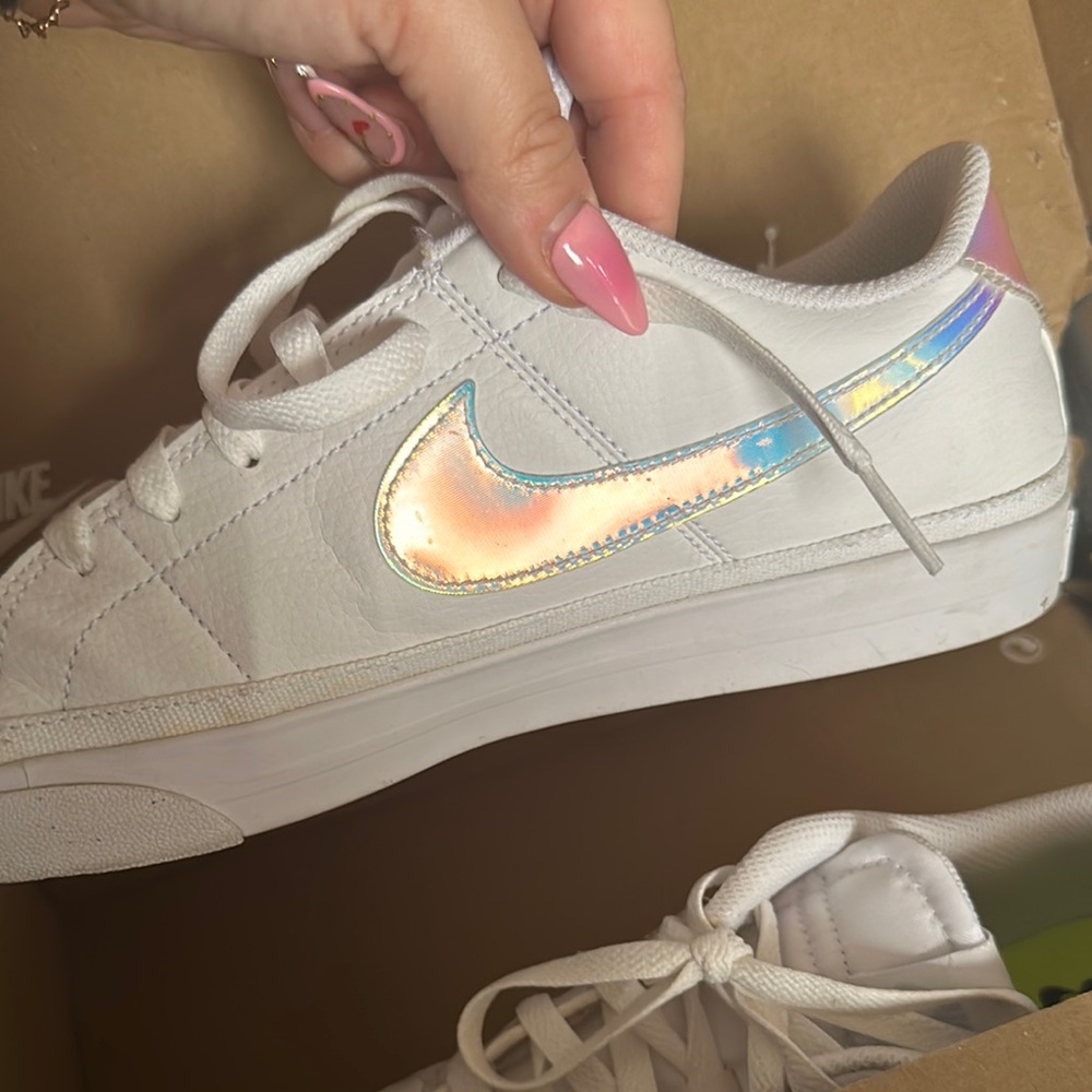 Nike White Sneakers with Holographic Swoosh